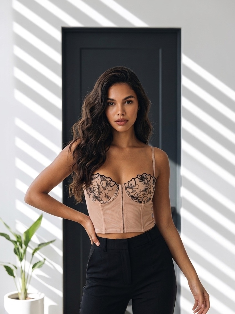 The Vintage Shop Nude Bustier Top with Black Floral Embroidery